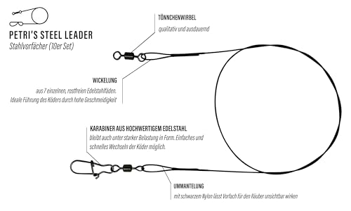 Foto von PetrisCatch 10er Set Stahlvorfächer mit Karabiner für Hecht, 40cm, 20kg, 0,5mm, 1x7