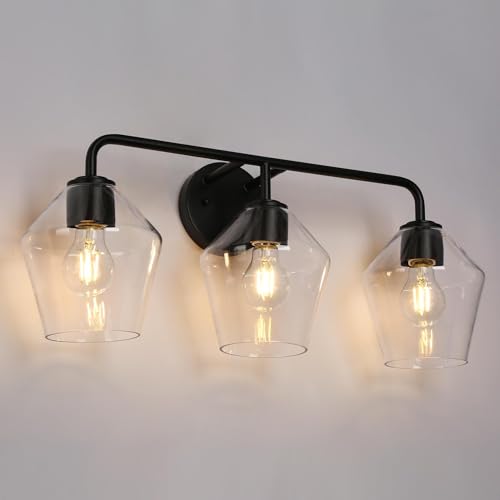 Image of KSANA Bathroom Light Fixture, Modern Black Vanity Lights Over Mirror 3 Light Bathroom Lighting with Clear Glass