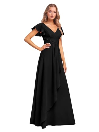 Chiffon Bridesmaid Dresses for Women Long Ruffles V-Neck Formal Maxi Agave Wedding Party Gowns