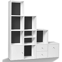 Mueble Cajonera En Forma De Escalera IDMarket – Mueble de almacenamiento escalera 4 niveles madera blanco fondo gris con puerta y cajones