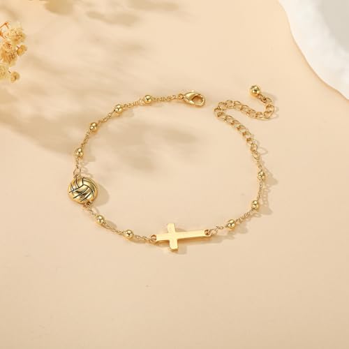 Image of Softball /Volleyball /Soccer /Basketball Football Bracelet for Girls Women, 14K Gold Plated Cross Link Chain Sport Accessories Christian Jewelry Gifts for Teens Team Coach Players