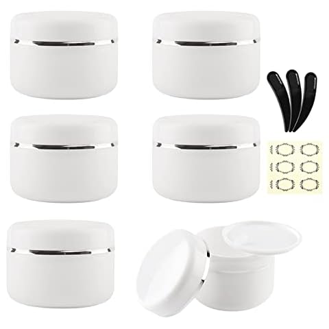 Alledomain 6Pcs 100ml/100g White Cosmetic Sample Jars with 3Pcs Mini Spatulas & 6 Labels, Plastic Refillable Travel Pot Containers with Silver Dome Lids & Inner Liners for Makeup Creams Beauty Nails Cover