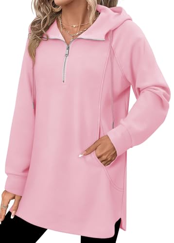 onlypuff Women Hoodie Pullover Trendy Quarter Zipper Lapel Sweatshirts Drawstring Cute Hooded Tunic Tops with Side Pockets