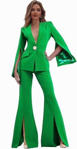 Stylish Green Pant Suits for Women - LEWIJO 2-Piece Dressy Set with Blazer and Bell Bottoms in Size Large