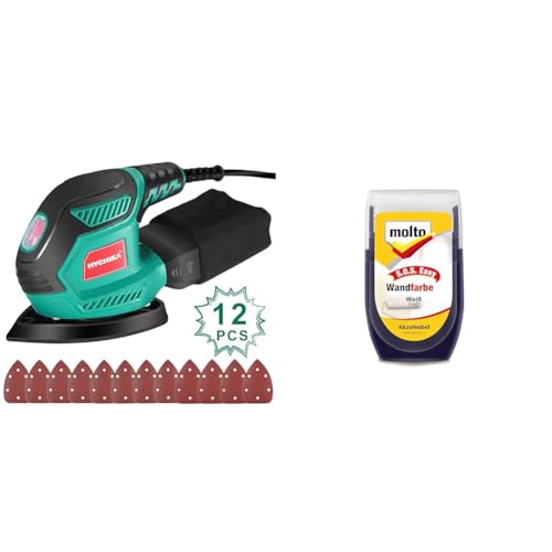 Multischleifer, HYCHIKA Deltaschleifer 200W, mit 12 Schleifblätter & Molto S.O.S easy Wandfarbe 30ml, weiss