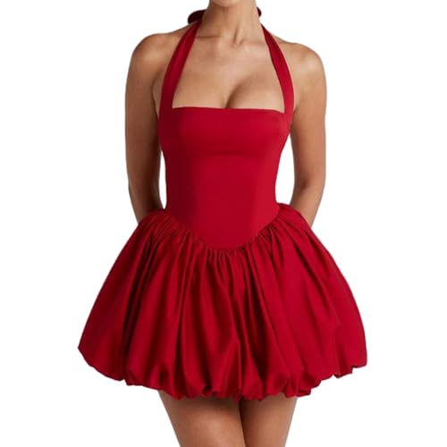 Felcia Damen Sommer Minikleid Elegant Neckholder Kurz Bubble Kleid Ärmellos Rückenfrei Party Cocktail A Linie Kleider Streetwear, rot (a), S
