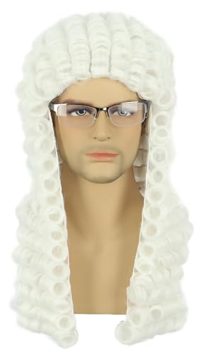 yuehong Adult Long Curly White Barrister Judge Wig Gentleman Lawyer Costume Hair Heat Resistant Synthetic Fibers Soft Durable Breathable Wig