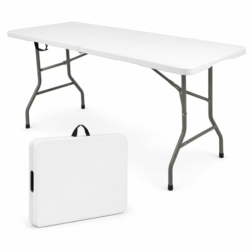 HAISIWLKJ Folding Table 8 FT Camping Table Portable White Heavy Duty Plastic Rectangular Outdoor Dining Table Steel Legs Fold-in-Half with Carrying Handle for Indoor Picnic Party Wedding Events