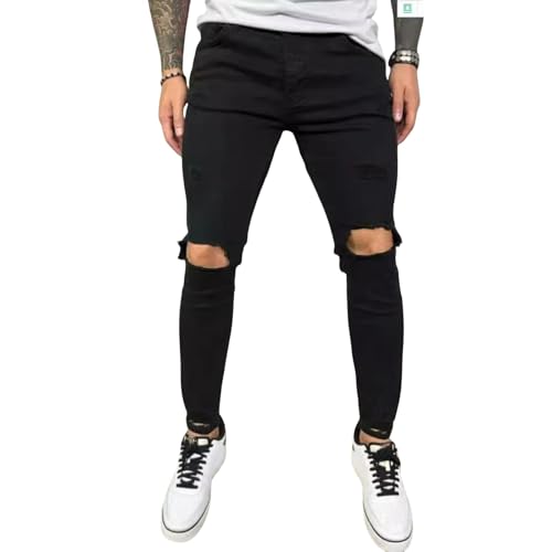 Jeans Pants Trouser Denim Ripped Elastic Tight Fitting Street Trendy Commuting Casual Small Leg for Men