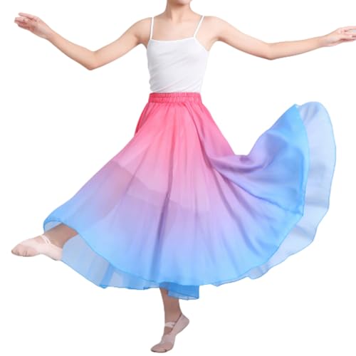 Girls Full Circle Dance Skirt Flamenco Ballet Gypsy Gradient Chiffon Maxi Length Dancewear Pink Blue