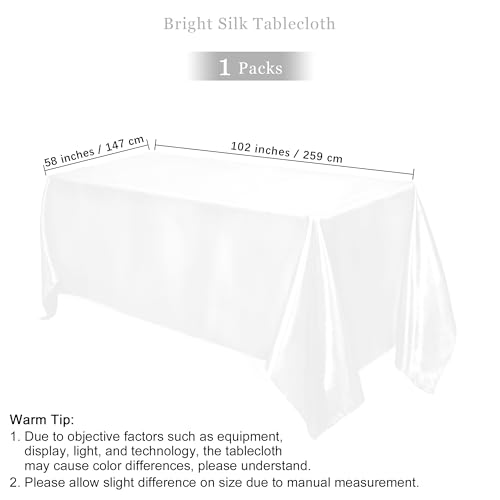Image of TURSTIN 1 Pack White Satin Tablecloth 102 x 58 Inch Overlay Satin Table Cover Rectangle Bright Silk Tablecloth Smooth Fabric Table Decoration for Wedding Banquet Party Events