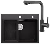 ANYCEE 60 x 46 cm Lavello Nero con L Rubinetto Cucina Estraibile, Lavandino Cucina Nero 1 Vasca con Cestello di Scarico, Lavello Granito per Mobile da 60 cm con Sifone e Scarico