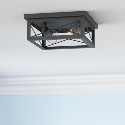 Kondras 2-Light Industrial Square Flush Mount Ceiling Light, Farmhouse Ceiling Light Fixture for Kitchen, Modern Black Close to Ceiling Light for Hallway Bedroom Balcony Porch Stairway, E26, 2-Pack - Image 2
