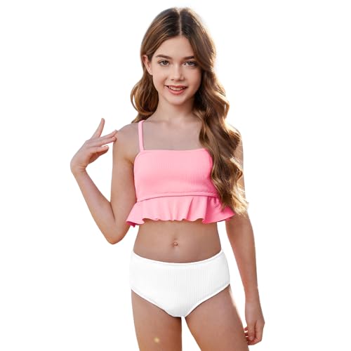 Zando Cute Swimsuits for Teen Girls Bikini 2 Piece Swimsuit Ruffle Swim Suit Beach Spaghetti Adjustable Strap Swimwear Bathing Suits for Teens Pink & White 13-14 Years