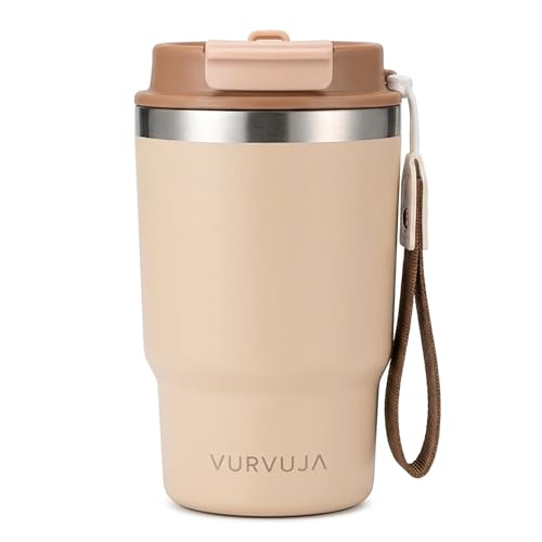 Vaso Termico 470ml de Acero Inoxidable 3en1 con Pajita y Tapa Antifugas. Taza Termica con Correa Integrada, Reutilizable y sin BPA. Termo Cafe para Llevar con Doble Pared para Frío y Calor. (Sand)