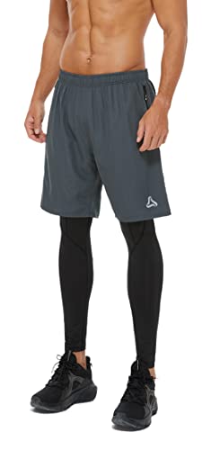 Silkworld Mens 2 In 1 Athletic Leggings Compression Running Workout Pants With Zipper Pockets,Dark Grey,X-Large #TOP1