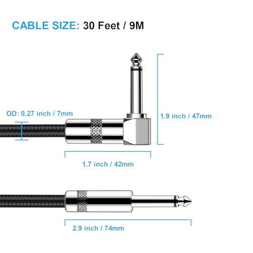 Image of New Bee Guitar Cable 30ft Electric Instrument Cable Bass AMP Cord 1 /4 Right to Straight for Electric Guitar, Bass Guitar, Electric Mandolin, Pro Audio