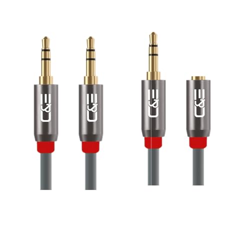 Image of C & E 3.5mm [ 2 PACK Male to Male and Male to Female - Tangle-Free Metal Shell Audio Cable-50-Ft | AUX Cable - Gray