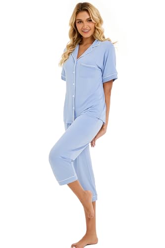 Image of LUBOT Womens Bamboo Viscose Pajamas for Women PJ Set 2 Piece Cooling Soft Short Sleeve Capri Pants Summer Sleepwear Set S-XXL
