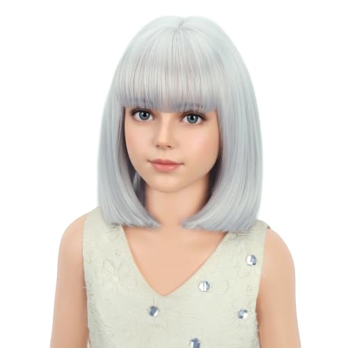 Image of PATTNIUM Grey Bob Wig for Kids Short Bob Gray Wig with Bangs Silver Wigs Girls Cosplay Party Synthetic Rose Net Daily Wear Wigs