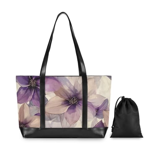 KLL Flowers Lavender and Beige Sturdy women work tote bag with zipper laptop tote bags for work Large Handbag for flight with lunch bolsos para mujeres2