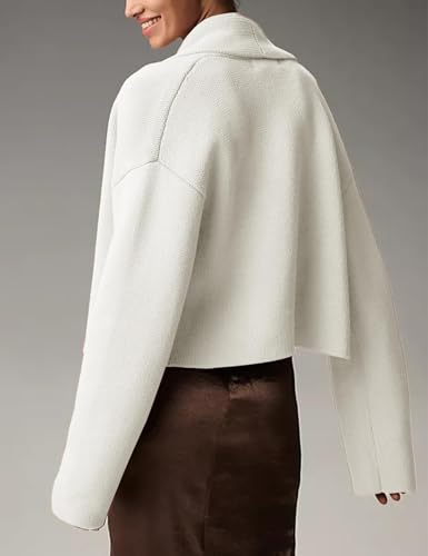 Image of Womens Cropped Open Front Cardigan Sweater Chunky Knit Lapel Drop Shoulder Sweater Coat Long Sleeve Oversized Outwear(M,White)