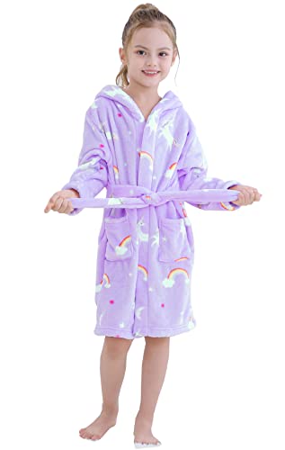 Umeyda Girls Flannel Hooded Robes, Soft Fleece Hooded Bathrobe with Belt and Pockets Plush Bathrobes for Kids