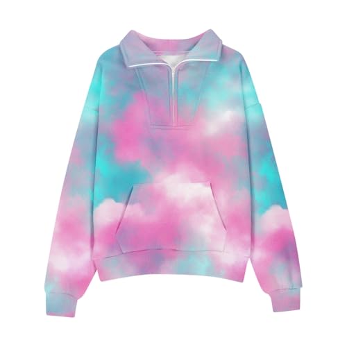 Teen Girls Half Zip Fleece Hoodies Y2K Hip Hop Tie Dye Pullover Sweatshirts with Thumb Hole Kids Fall Winter Trendy Clothes