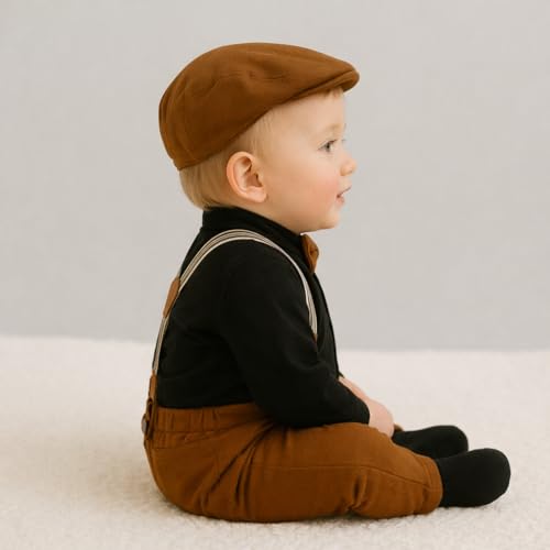 Image of Baby Boy Formal Outfit Set with Suspenders, Bow Tie & Newsboy Cap - Toddler Gentleman Dress Clothes for Birthday Party, Cake Smash, Wedding & Photoshoot