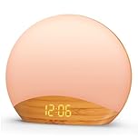 REACHER Wooden Sunrise Alarm Clock with Sound Machine – Gradual Wake Up Light, 8 Natural Alarm Sounds, 26 Sleep Aids, Dimmable Night Light & Display, for Kids, Adults, Bedroom & Nursery