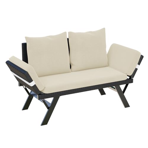 Deeyeh Outdoor Convertible Sofa, Woven Rattan Patio Loveseat with Adjustable Armrests, Outdoor Daybed Couch or Double Chair with Soft Cushions and Pillows for Patio, Poolside, Yard, Porch (Beige)