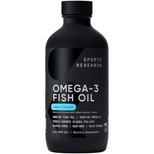 Image of Sports Research Omega-3 Fish Oil, 8oz Glass Bottle - 4685mg of Wild Caught Alaska Pollock Fish Oil per Serving - Easy-to-Take Liquid . Lemon Flavor . Non-GMO . MSC Certified Sustainable - 48 Servings