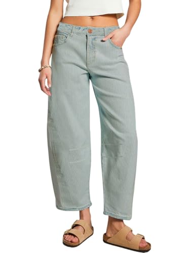 chouyatou Women's Baggy Mid Rise Barrel Jeans Boyfriend Y2K Striped Wide Leg Cropped Denim Pants