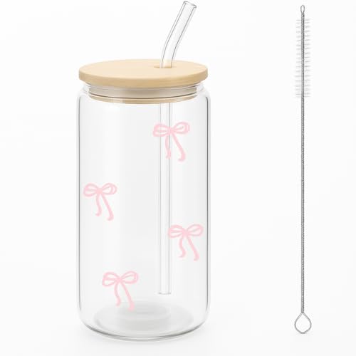 Cosmeria Glas Mit Deckel Und Strohhalm, Charmantes Pink Bow Glass Cup Set Mit Geschenkbox, Ideal Für Iced Coffee Und Getränke, 16 Oz Kapazität