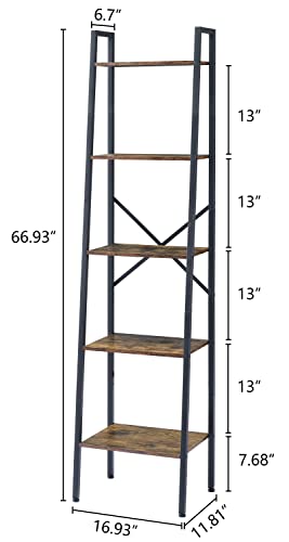 Image of Hoctieon Industrial Ladder Bookshelf, Multifunctional Ladder Shelf, 5-Tier Tall Bookshelf, Open Ladder Shelf Bookcase, for Living Room, Home Office, Kitchen, Bedroom, Metal Frame, Rustic Brown