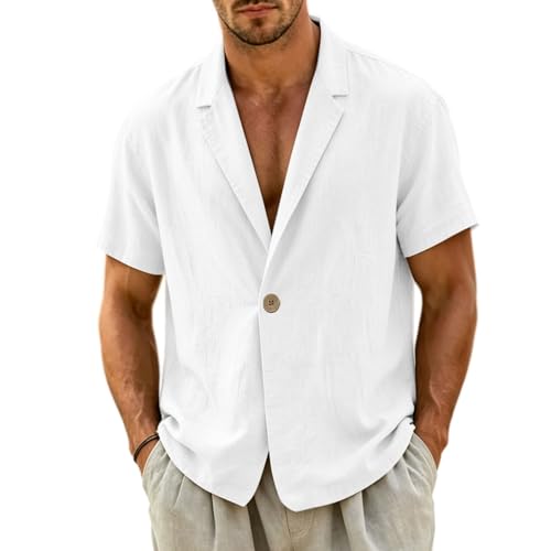 Camisas de lino para hombre, mezcla de lino y algodón, camisa de manga corta, casual, solapa de muesca, un botón, camisa de playa de verano, ajuste regular, camisas hawaianas para vacaciones, blanco