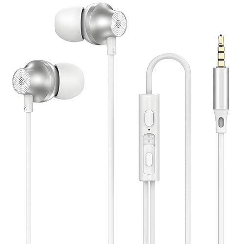 Lamkrtlp Auriculares In Ear, Auriculares con Micrófono y Control de Volumen, Auriculares con Cable para Todos los Dispositivos de Headphones de 3.5mm - Blanco