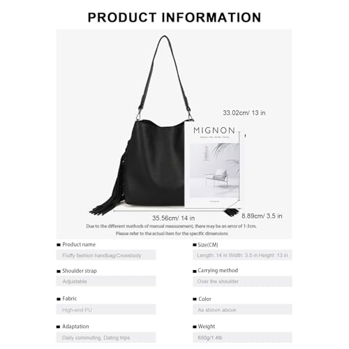 Black Faux Leather Hobo Shoulder Bag with Tassel, Stylish Purse & Handbag for Women, Lightweight Large Tote with 2PC4