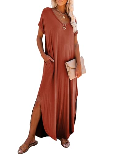 Image of Dokotoo Summer Dresses for Women 2026 Casual Maxi Dress V Neck Cap Sleeve Long Sundress with Pockets Beach Vacation