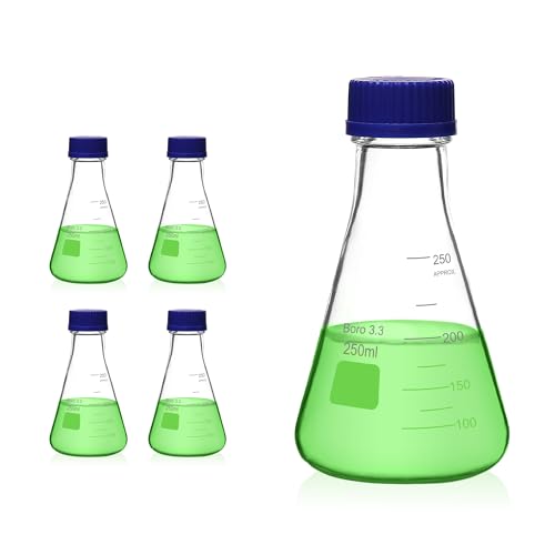 Utile 4 Pcs 250ml Glass Erlenmeyer Flask with Blue Cap, Narrow Mouth Erlenmeyer Flasks, Borosilicate 3.3 Glass Conical Flask for Lab Experiment Chemistry Science,4016.0752.4