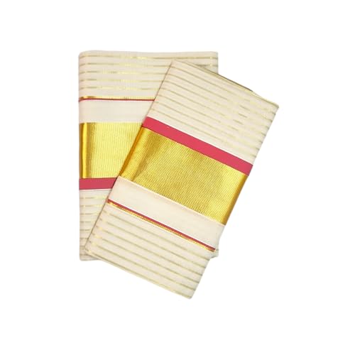 Image of Womens Kuthampully Set Mundu With Golden & Stripes Kara