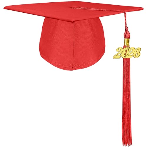 Grad HAGO Unisex Adult Graduation Cap with 2026 and 2025 Tassel Year Charm for High School & Bachelor Master Red