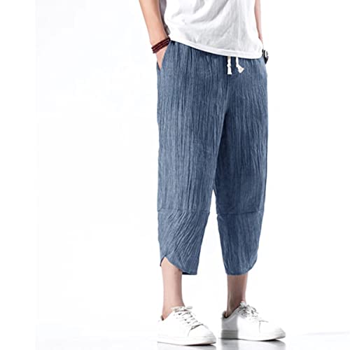 INVACHI Men's Casual Elastic Waist Linen Capri Pants Wide Leg Baggy Cotton Harem Yoga Trousers3