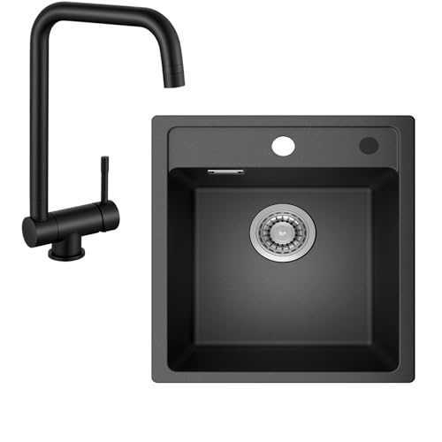 ANYCEE Conjunto Fregadero Cocina 45x46 cm, Fregadero de granito negro con Grifo Cocina, fregadero empotrado de cuarzo con sifón y grifería, para muebles desde 45 cm