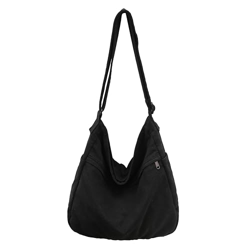 Image of Cotton Tote Handbag Women Canvas Crossbody Beach Bag Hobo Shoulder Tote Bag with 3 External Pocket,Zipper Closure