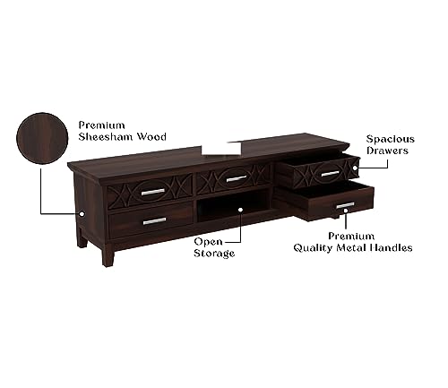 Image of Rustic Solid Sheesham Wood TV Unit Chest of Drawers for Living Room - 5 Drawers and 1 Shelf Storage - Accommodates up to 65-Inch TV (Jace, Walnut Finish)