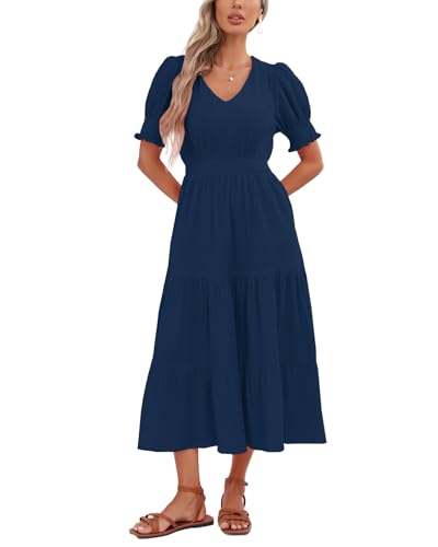 Image of YEXPINE Women's Cotton Tiered Midi Dress Short Sleeve V Neck Elastic Waist Casual Long Flowy Summer Dress