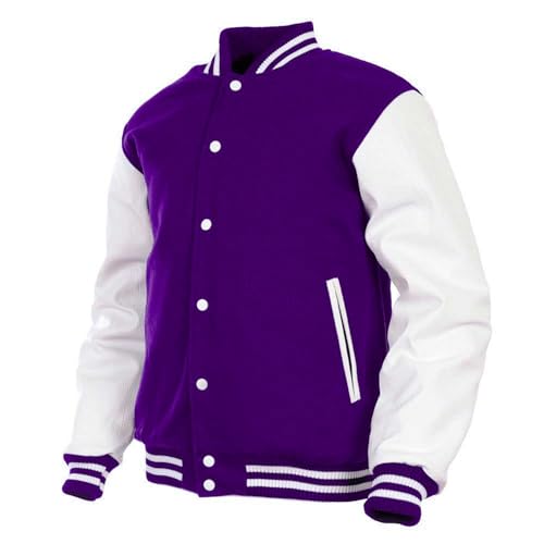 Image of Deckra Men's Varsity Jacket Genuine Leather Sleeve and Wool Blend Letterman Boys College Varsity Jackets XS-5XL