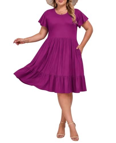 Image of Women's Plus Size Casual Dress Crew Neck Ruffle Floral Short Sleeve Summer Midi Dresses with Pockets
