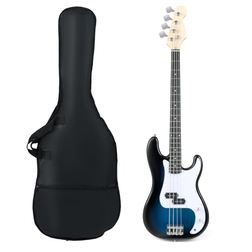 HONEY JOY 46" Electric Bass Guitar, 4 Strings Full Size Bass Guitar Kit with Double Pickups, Open-gear Tuning, Gig Bag, Guitar Cable & Shoulder Strap, Rope & 3 Picks, Bass Guitar for Beginners (Blue)